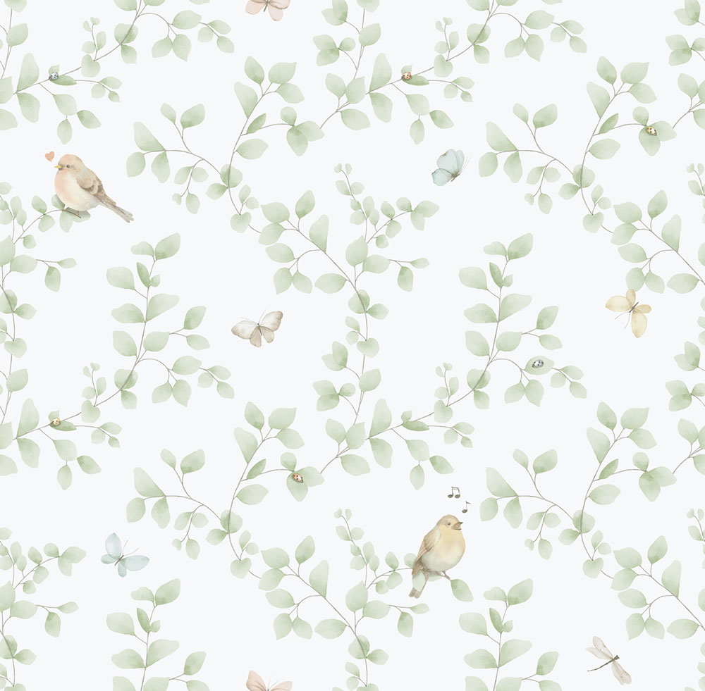 Children's non-woven wallpaper, green, birds, 284-3, Enzo,  ICH Wallcoverings