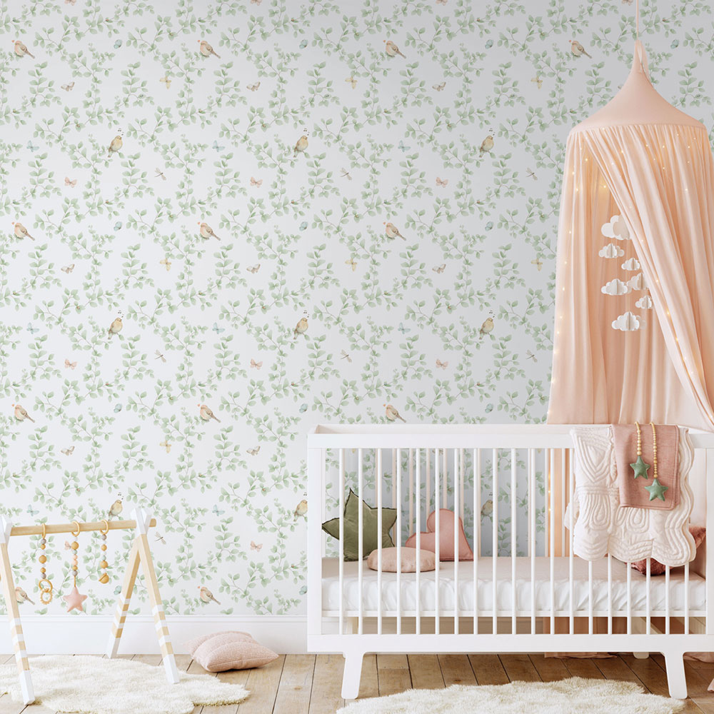 Children's non-woven wallpaper, green, birds, 284-3, Enzo,  ICH Wallcoverings