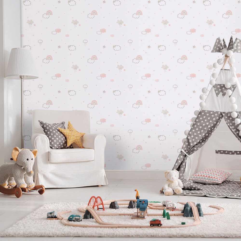 Children's non-woven wallpaper, pink, clouds, 288-1, Enzo,  ICH Wallcoverings