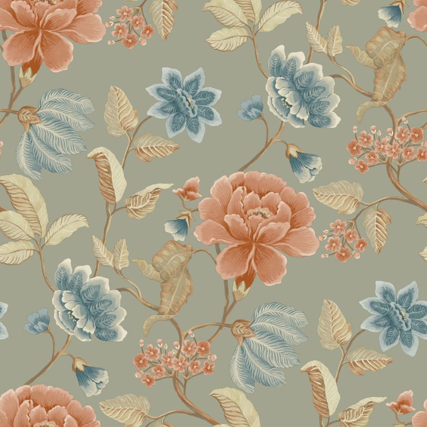 Non-woven wallpaper, grey-green, flowers, IC3103, Finest Selection, Vavex