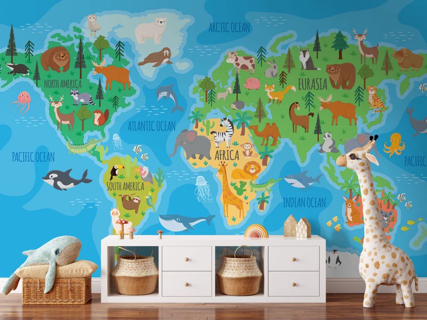 Customized non-woven wall mural, World Map with animals, 10004, Vavex