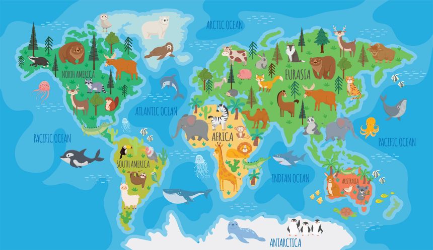 Customized non-woven wall mural, World Map with animals, 10004, Vavex