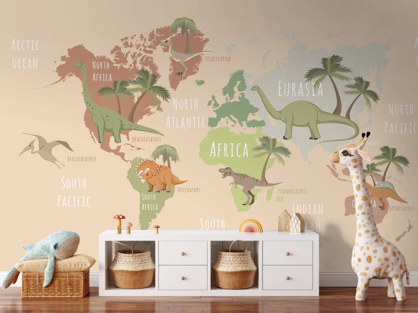 Customized non-woven wall mural, World Map with dinosaurs, 10008, Vavex