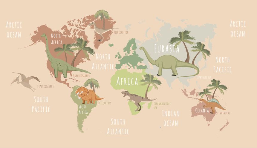 Customized non-woven wall mural, World Map with dinosaurs, 10008, Vavex