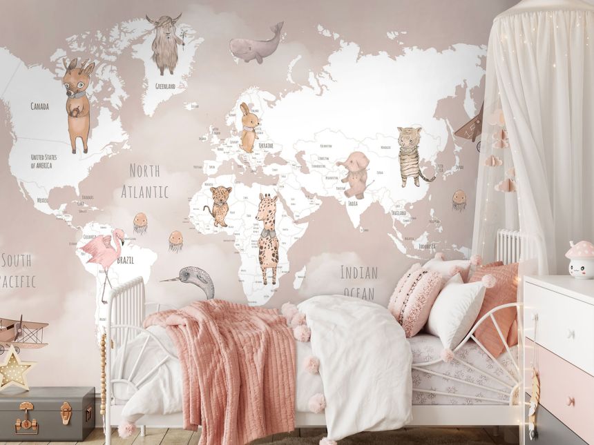 Customized non-woven wall mural, World Map with animals, 10011, Vavex