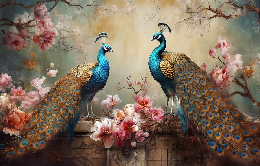 Customized non-woven wall mural, Peacocks with flowers, 10057, Vavex