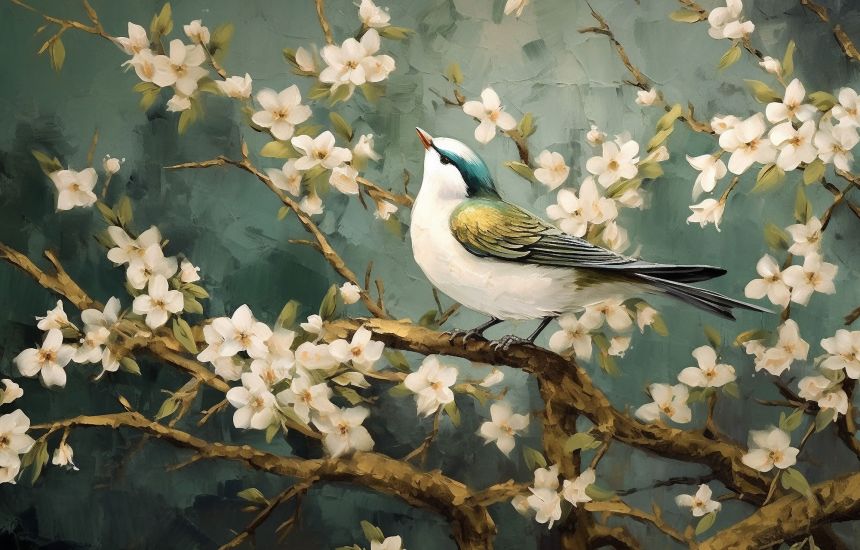 Customized non-woven wall mural, Blossoming branch with bird, 10063, Vavex