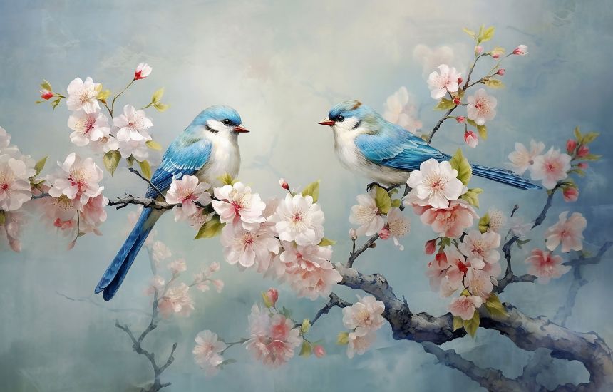 Customized non-woven wall mural, Blossoming branch with birds, 10064, Vavex