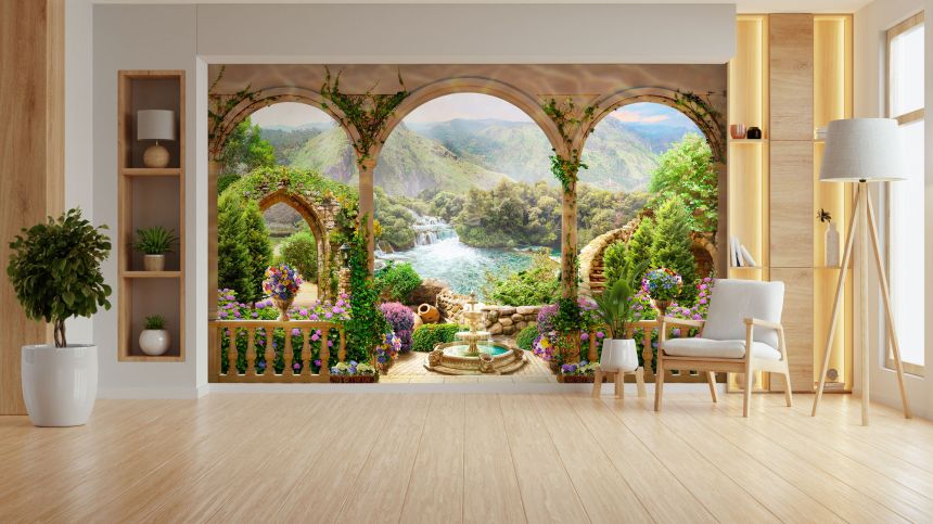 Customized non-woven wall mural, Mediterranean terrace, fountain, waterfall, 10111, Vavex