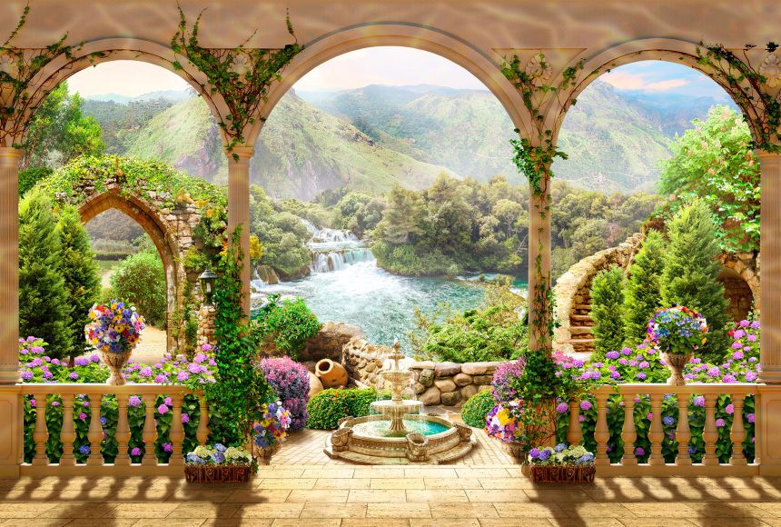 Customized non-woven wall mural, Mediterranean terrace, fountain, waterfall, 10111, Vavex