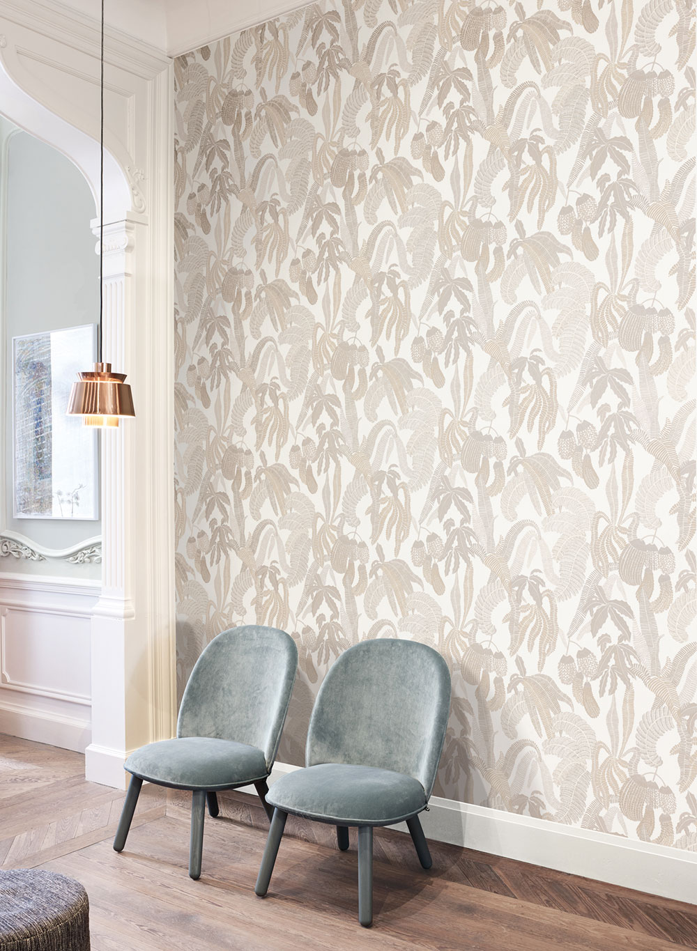 Non-woven wallpaper, beige, leaves, ROM001, Romance, Masureel