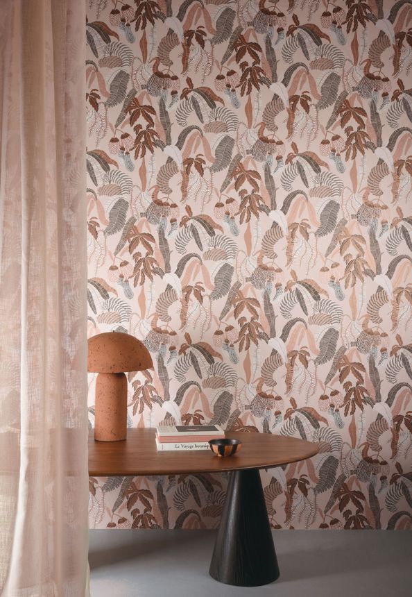 Non-woven wallpaper, pink, leaves, ROM004, Romance, Masureel