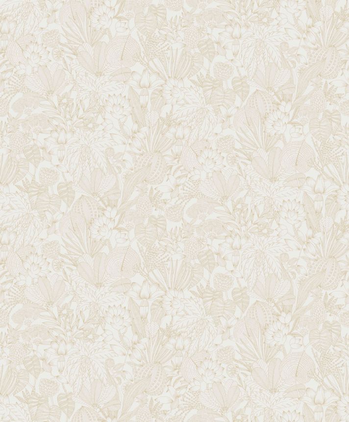Non-woven wallpaper, white-gold, leaves, ROM102, Romance, Masureel