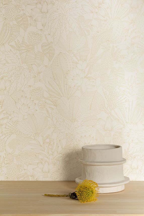 Non-woven wallpaper, white-gold, leaves, ROM102, Romance, Masureel