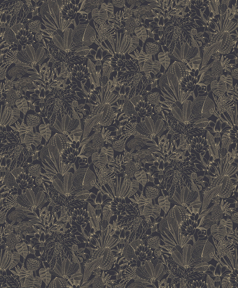 Non-woven wallpaper, black-gold, leaves, ROM103, Romance, Masureel