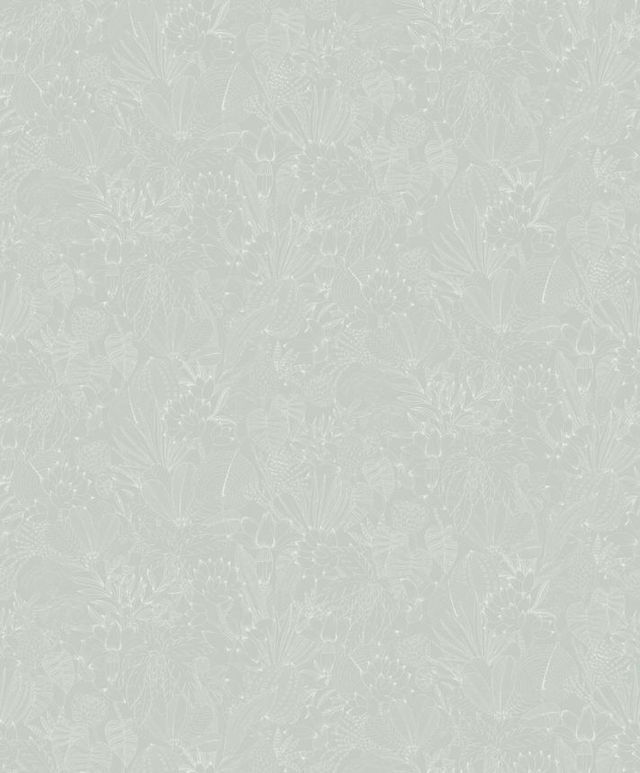 Non-woven wallpaper, grey-green, leaves, ROM105, Romance, Masureel