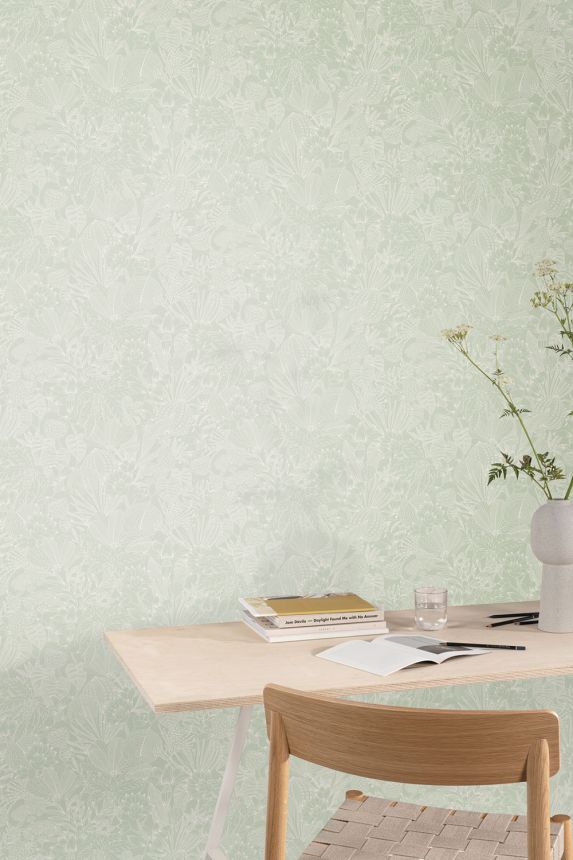 Non-woven wallpaper, grey-green, leaves, ROM105, Romance, Masureel