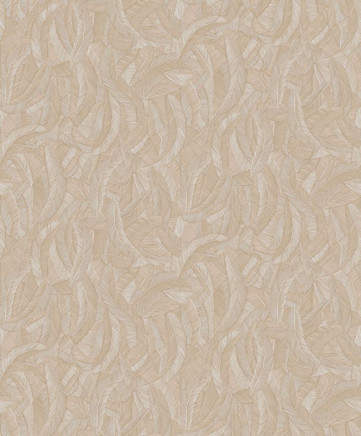 Non-woven wallpaper, beige, leaves, feathers, ROM201, Romance, Masureel