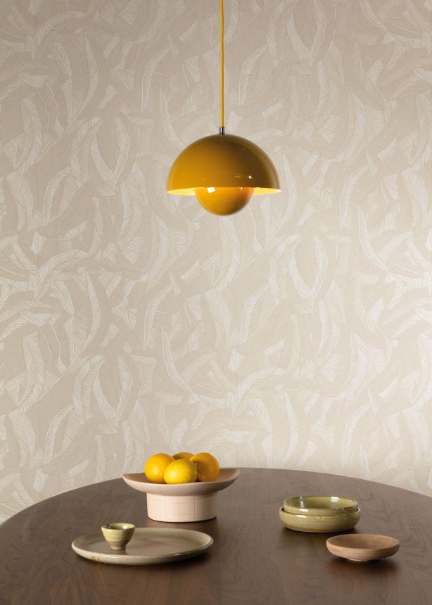 Non-woven wallpaper, beige, leaves, feathers, ROM201, Romance, Masureel