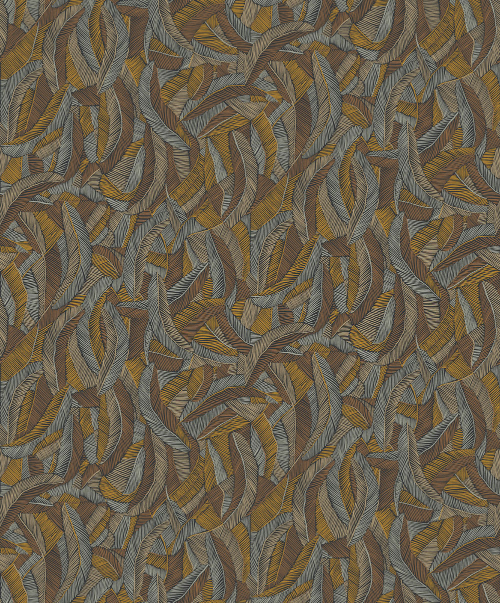 Non-woven wallpaper, brown, leaves, feathers, ROM202, Romance, Masureel