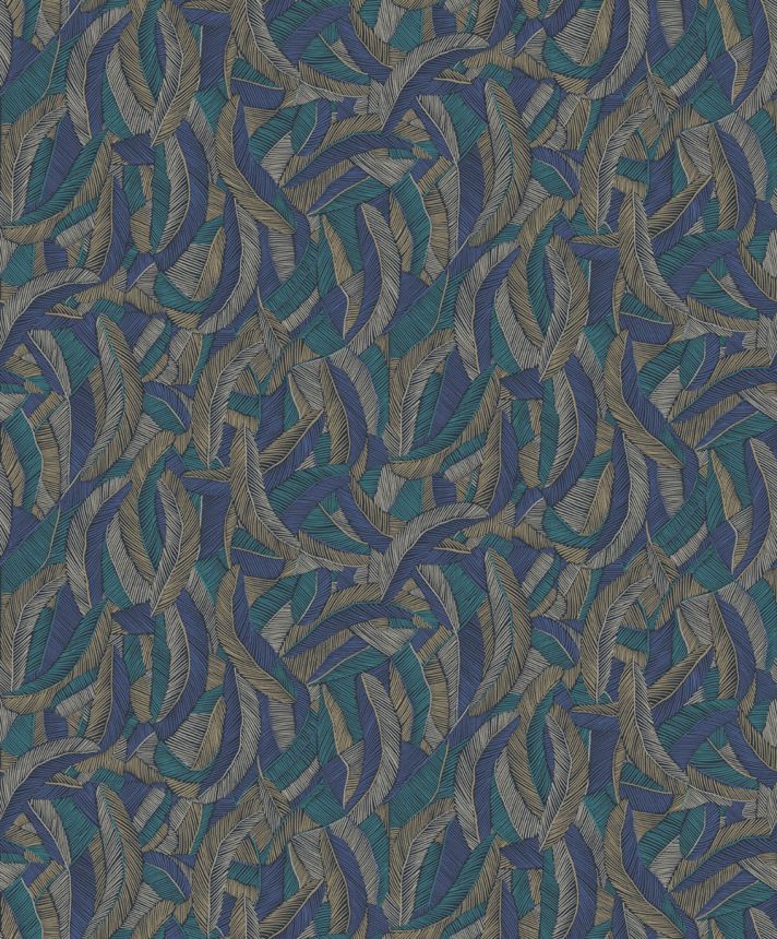 Non-woven wallpaper, blue-brown, leaves, feathers, ROM203, Romance, Masureel