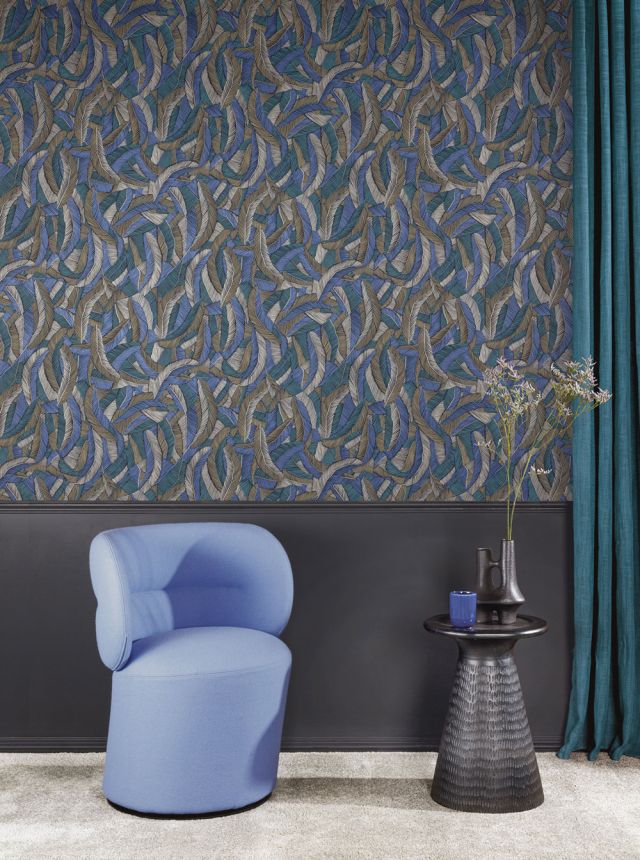 Non-woven wallpaper, blue-brown, leaves, feathers, ROM203, Romance, Masureel