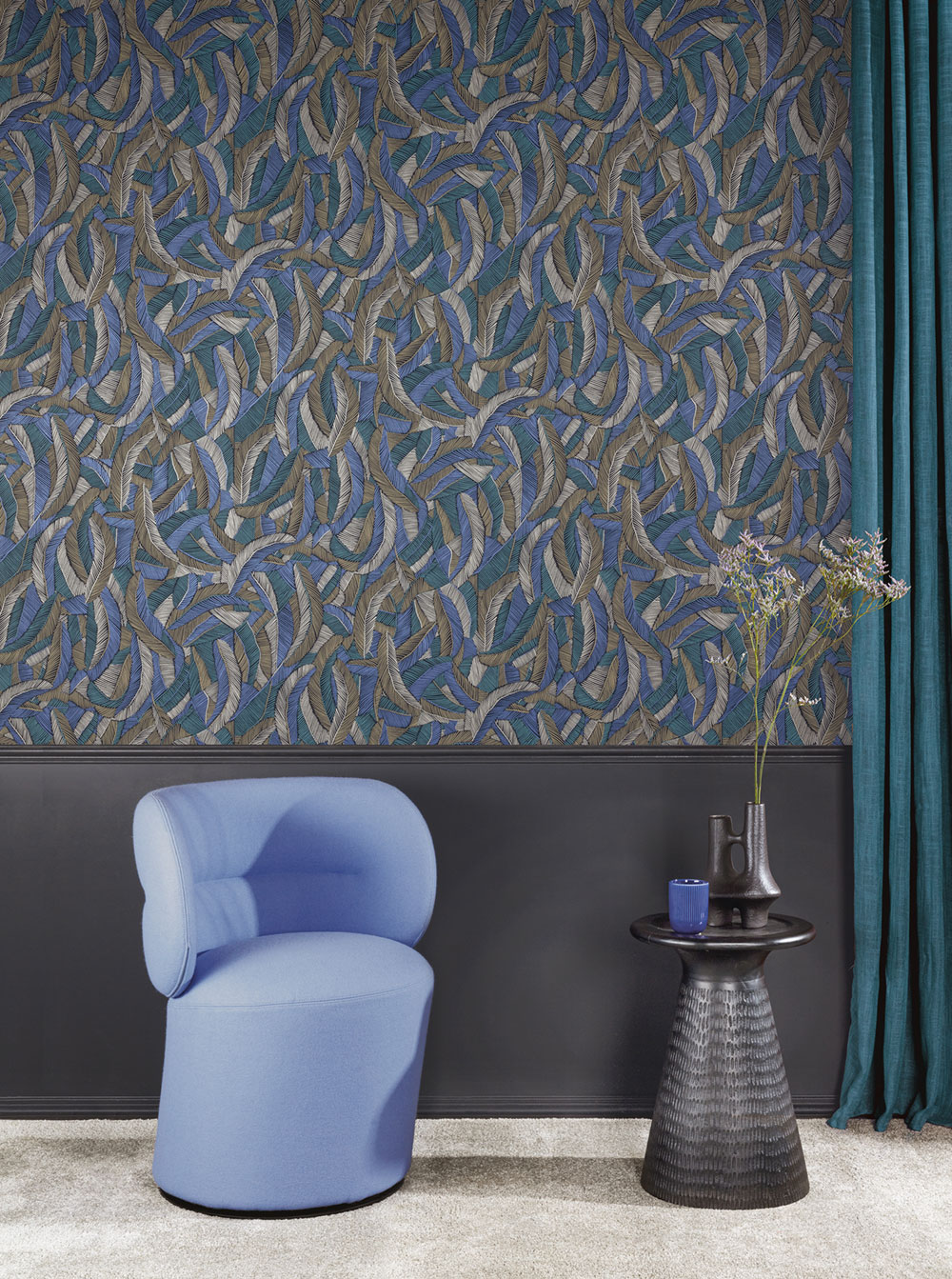 Non-woven wallpaper, blue-brown, leaves, feathers, ROM203, Romance, Masureel