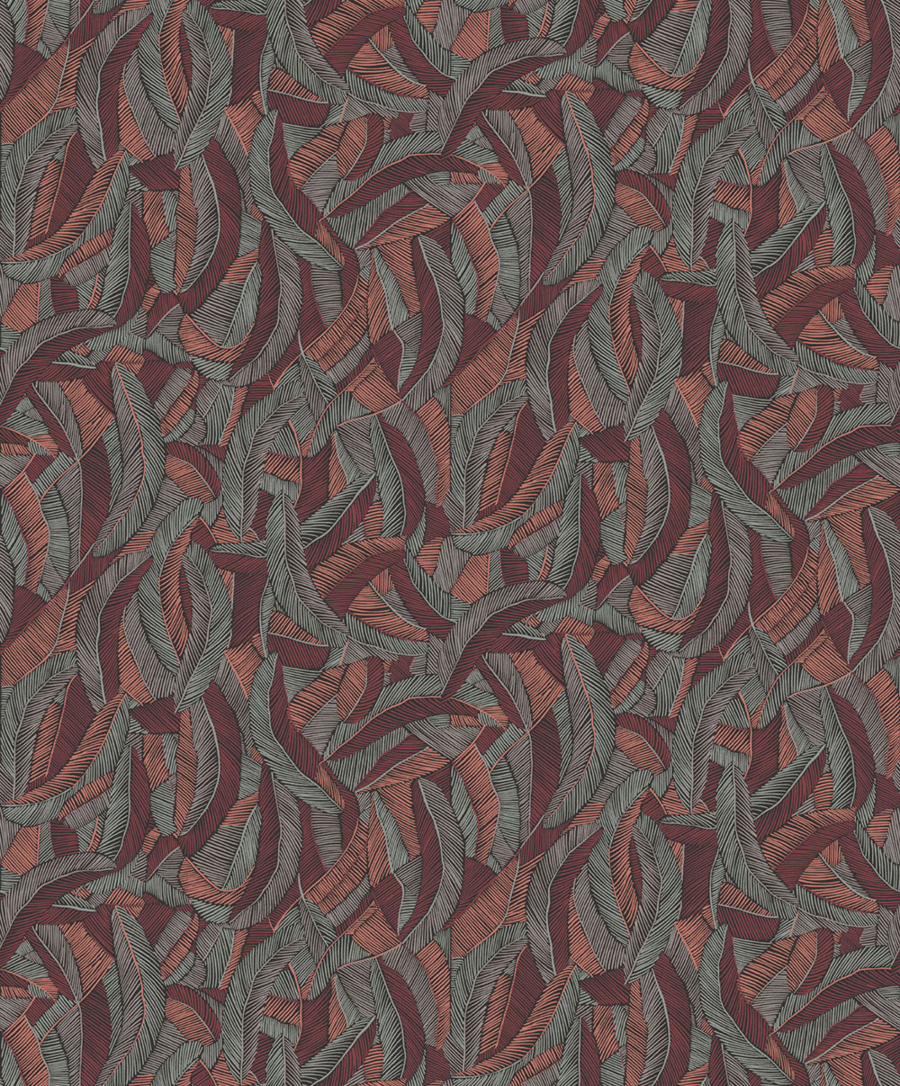 Non-woven wallpaper, grey-red, leaves, feathers, ROM204, Romance, Masureel