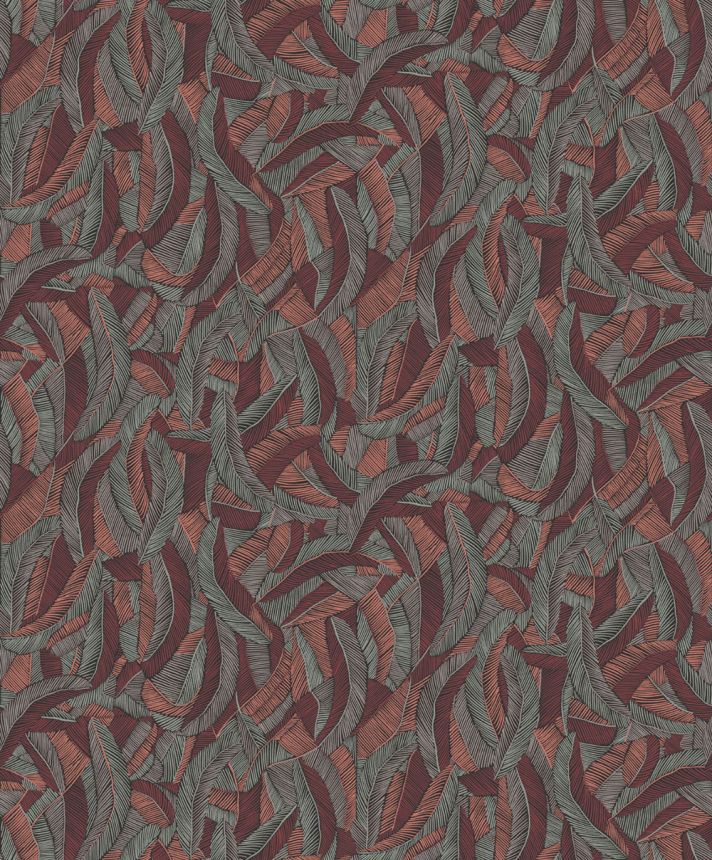 Non-woven wallpaper, grey-red, leaves, feathers, ROM204, Romance, Masureel