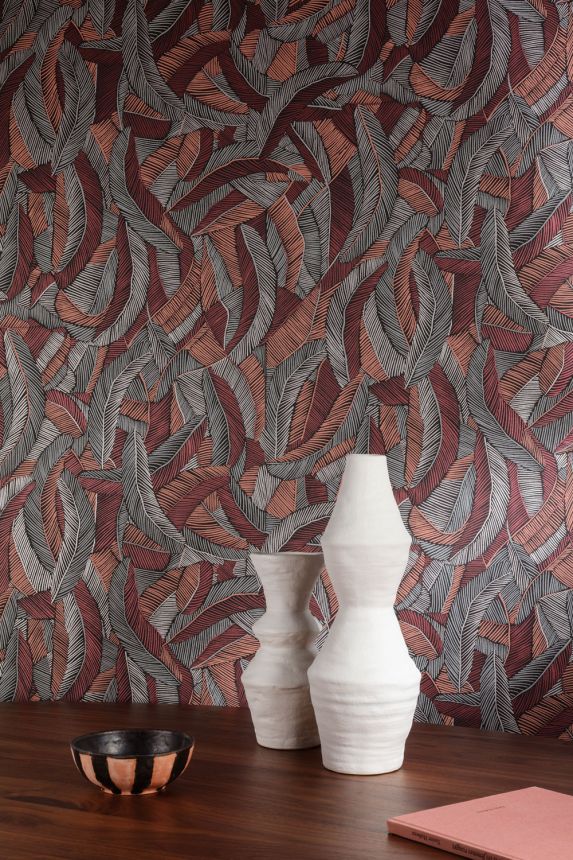 Non-woven wallpaper, grey-red, leaves, feathers, ROM204, Romance, Masureel