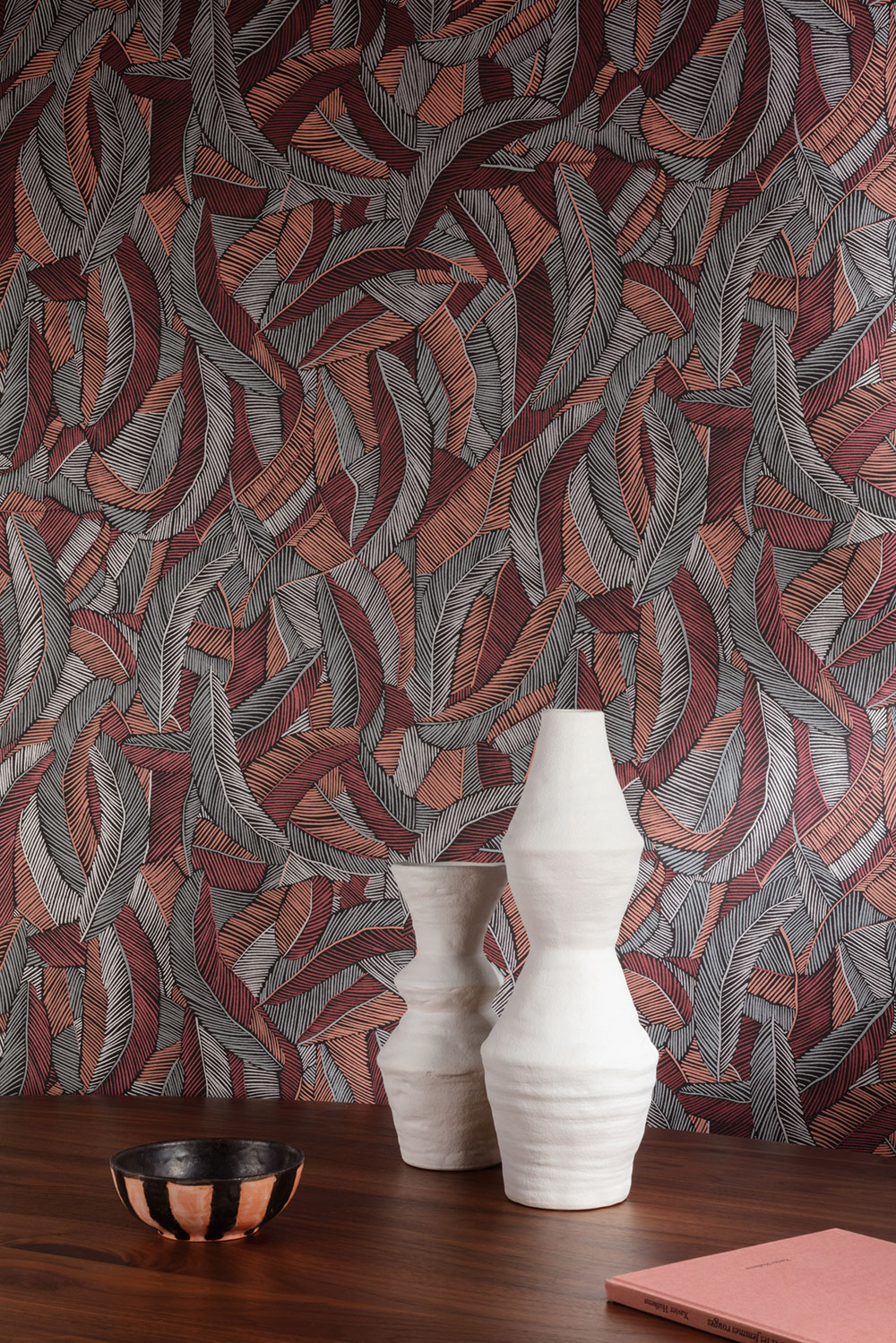 Non-woven wallpaper, grey-red, leaves, feathers, ROM204, Romance, Masureel
