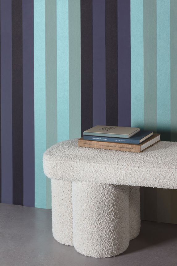Non-woven wallpaper, green-blue, geometric, stripes, ROM503, Romance, Masureel