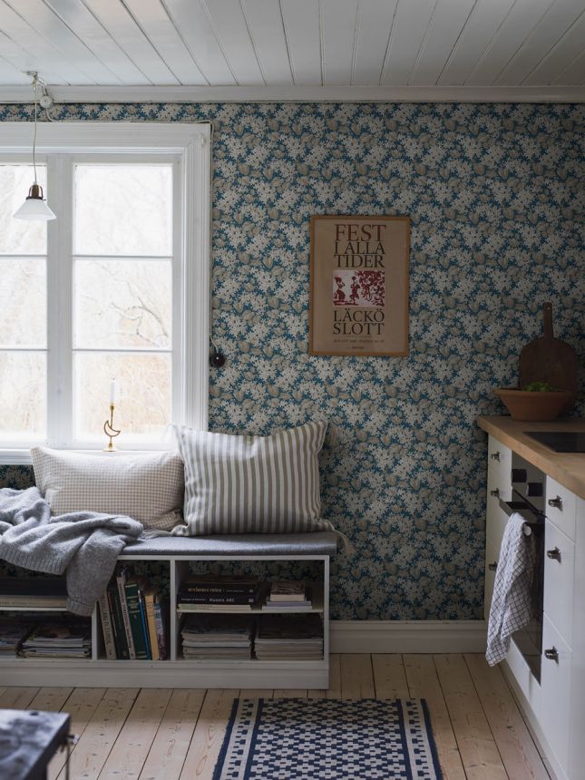 Wallpaper, blue, flowers, leaves, 4162, Alla Tiders Hus, Borastapeter
