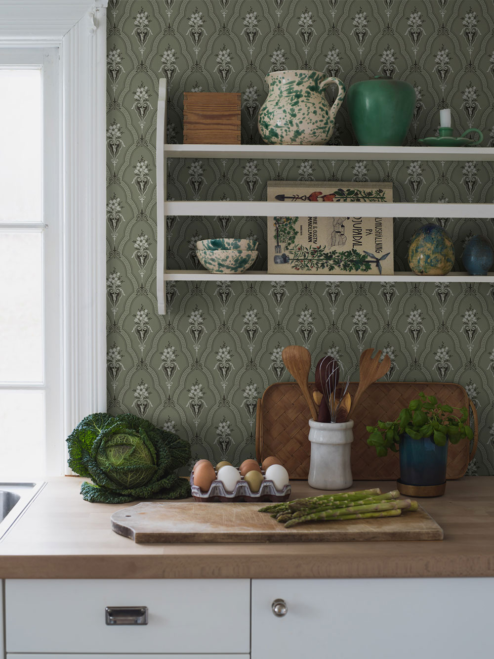 Wallpaper, green, castle pattern, ornaments, 4165, Alla Tiders Hus, Borastapeter