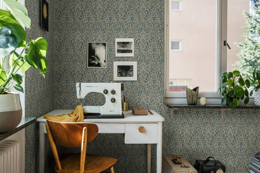 Wallpaper, blue, flowers, leaves, 4187, Alla Tiders Hus, Borastapeter
