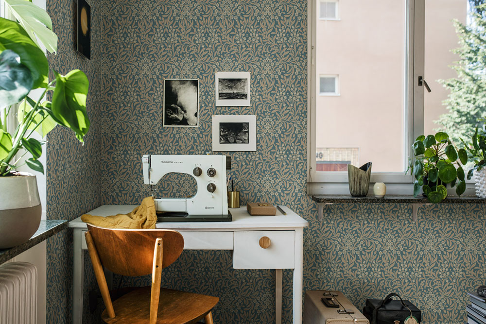 Wallpaper, blue, flowers, leaves, 4187, Alla Tiders Hus, Borastapeter