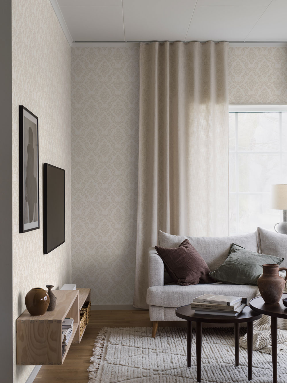 Wallpaper, grey-beige, damask pattern, 38744, Borosan Hem, Boråstapeter
