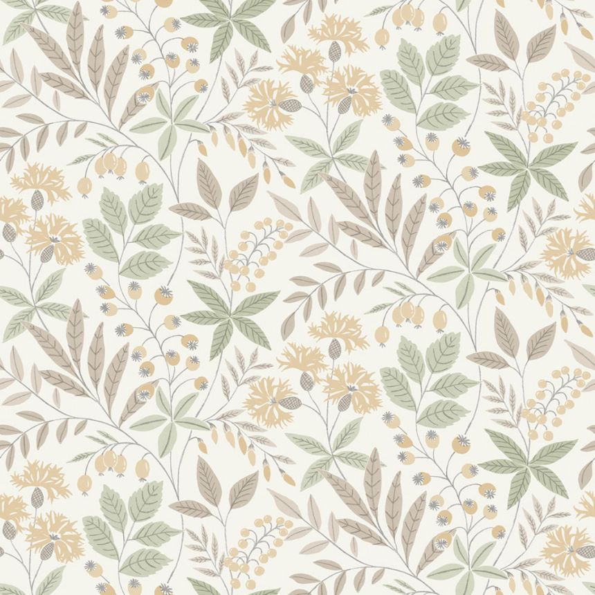 Wallpaper, beige-green, flowers, leaves, 38752, Borosan Hem, Boråstapeter