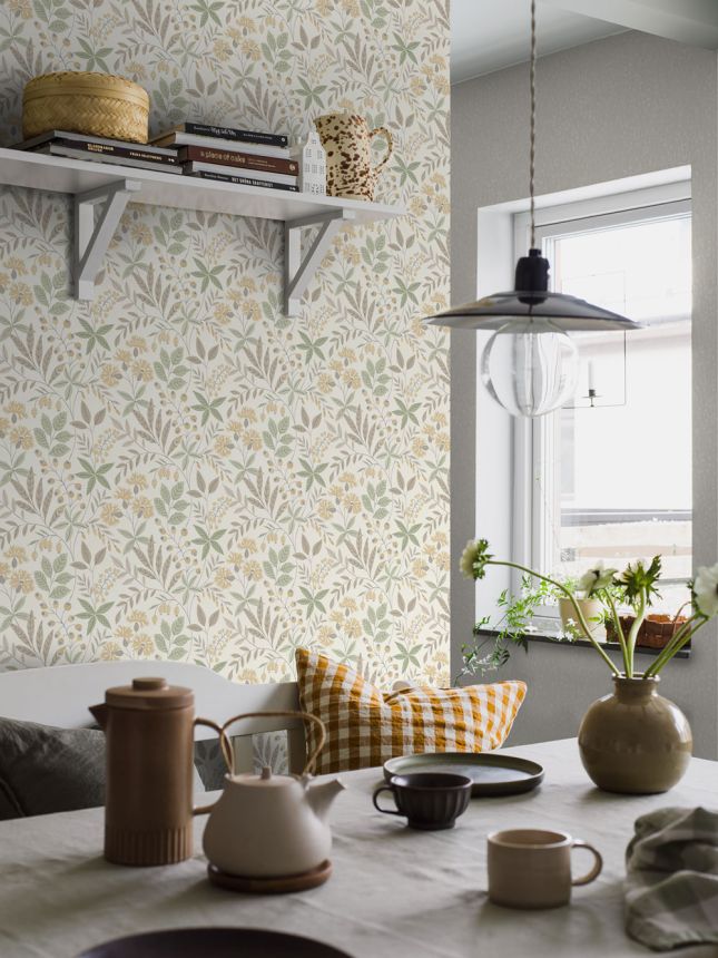 Wallpaper, beige-green, flowers, leaves, 38752, Borosan Hem, Boråstapeter