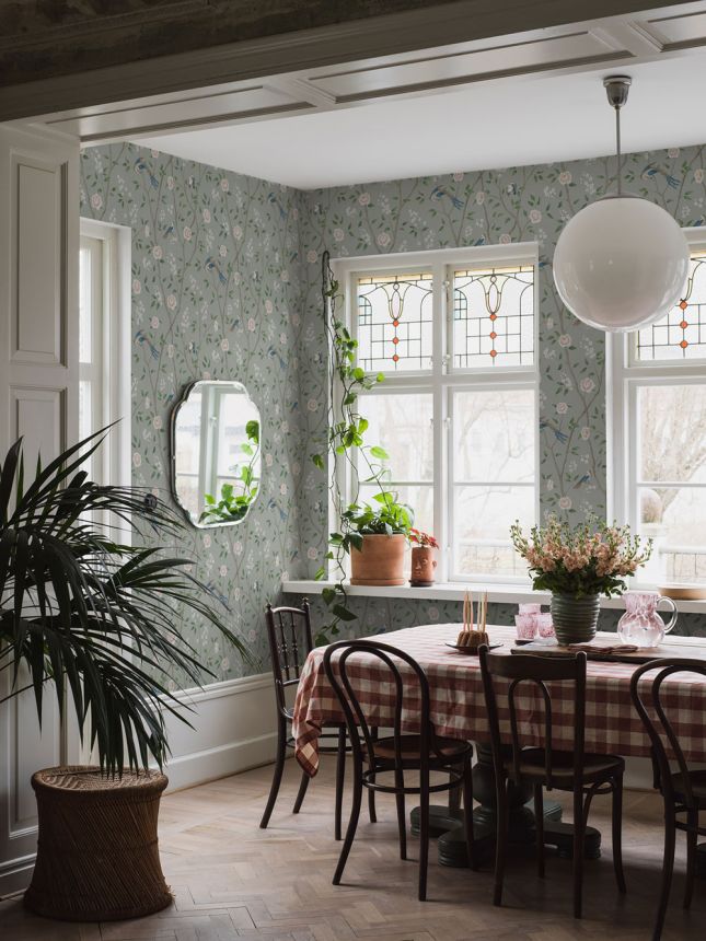 Green wallpaper, branches, birds, 1903, Icons, Borastapeter