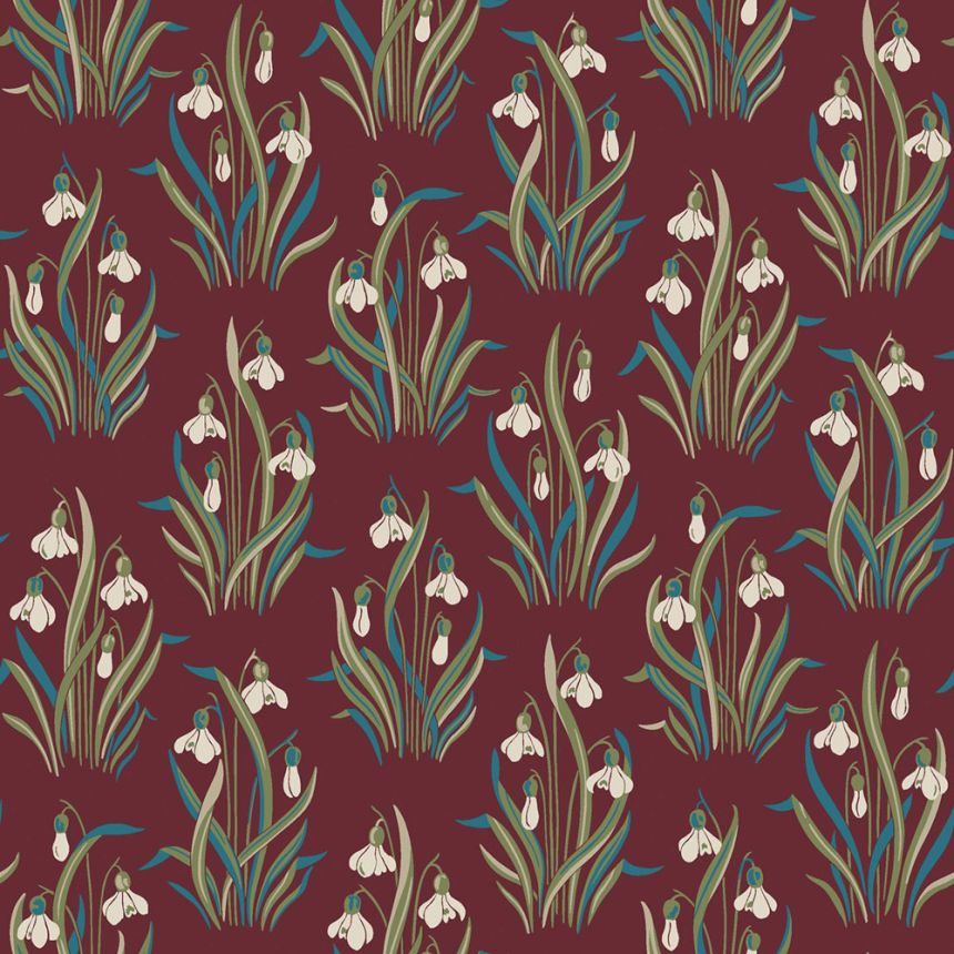 Wallpaper, burgundy, flowers, snowdrops, 4837, New Heritage, Borastapeter