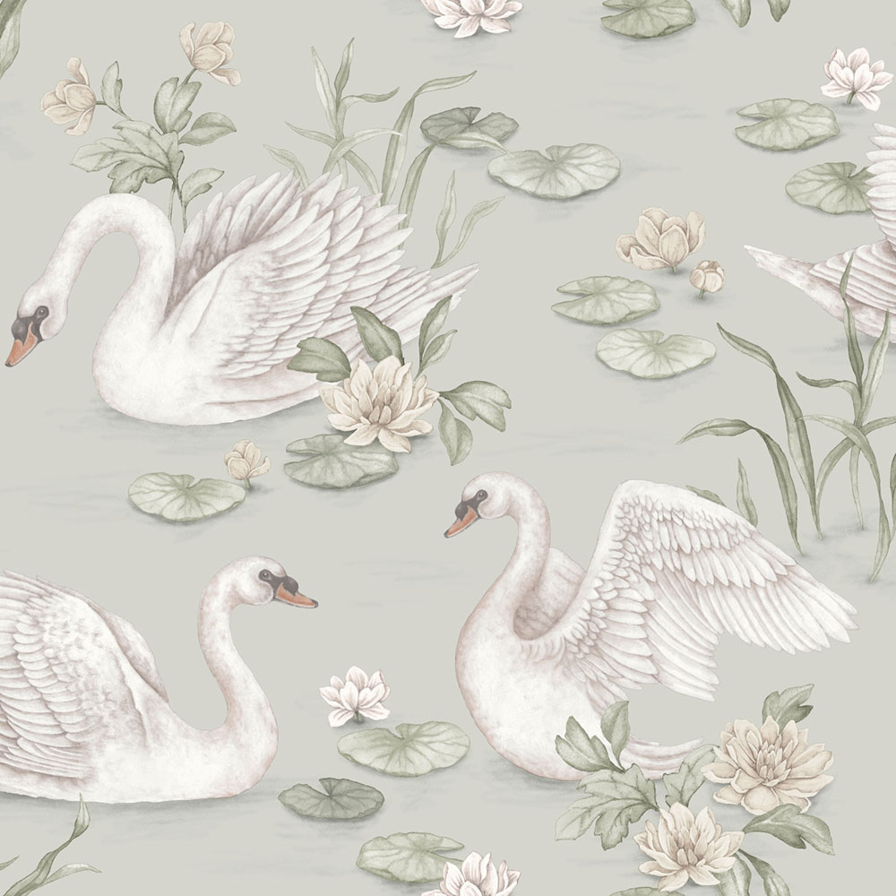 Wallpaper, grey-green, swans, 6925, Newbie Wallpaper, Boråstapeter