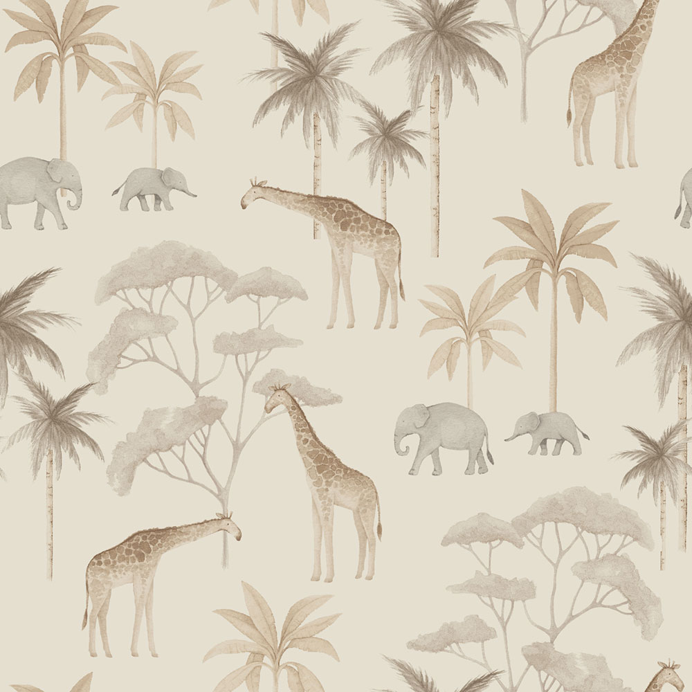 Wallpaper, cream, savanna, elephants, giraffes, 6938, Newbie Wallpaper, Boråstapeter