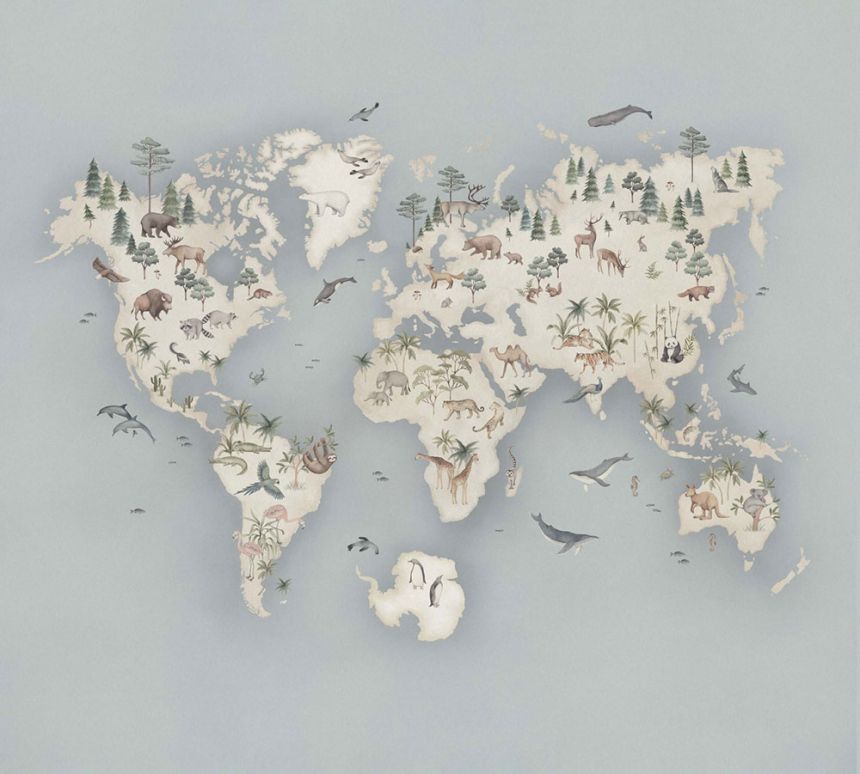 Mural wallpaper, world map with animals, 6946, Newbie Wallpaper, Boråstapeter