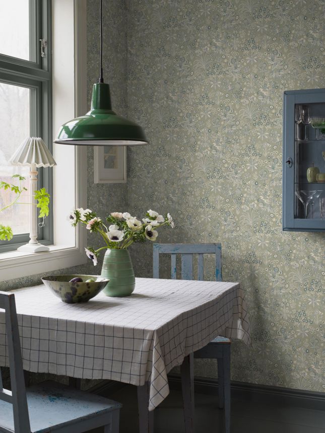 Wallpaper, green, flowers, 5826, Nordic Folk, Borastapeter