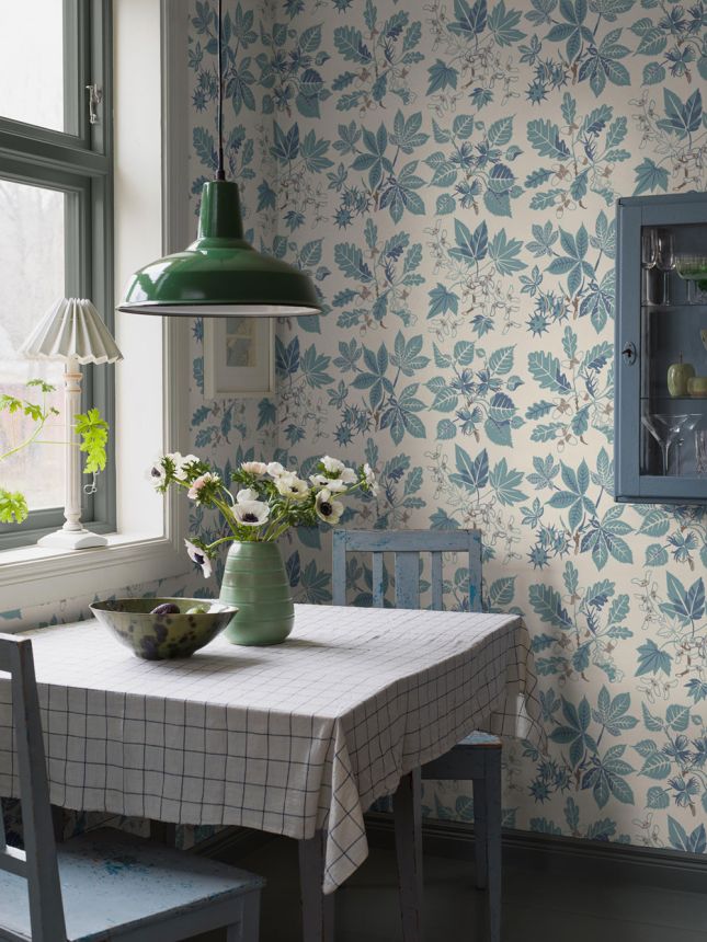 Wallpaper, turquoise, leaves, 5834, Nordic Folk, Borastapeter