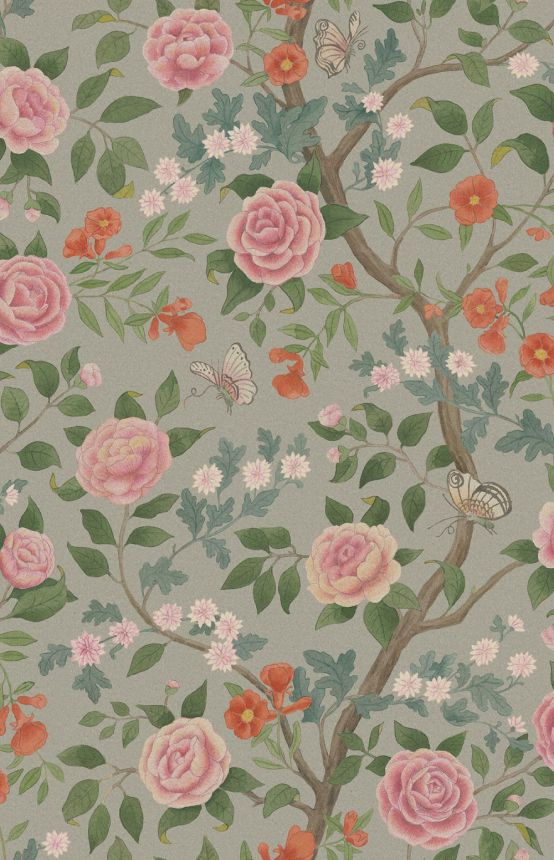 Wallpaper, brown-green, flowers, camellia, 5729, Orangeri, Boråstapeter