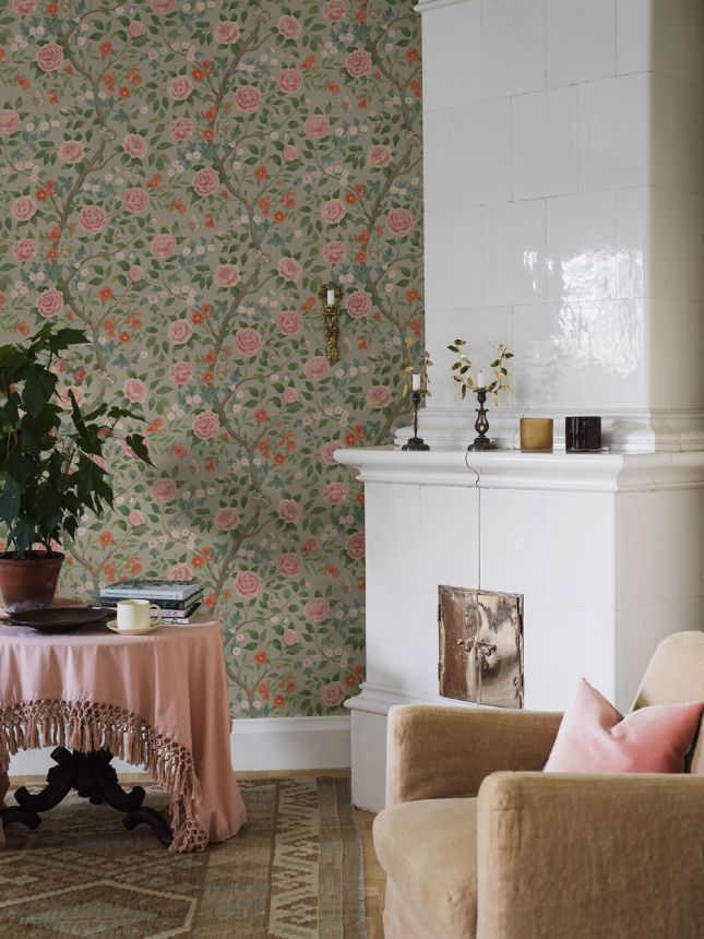 Wallpaper, brown-green, flowers, camellia, 5729, Orangeri, Boråstapeter