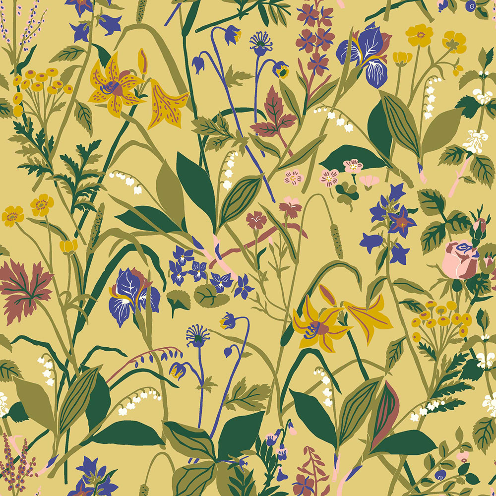 Yellow wallpaper, flowers, 1963, Icons, Borastapeter