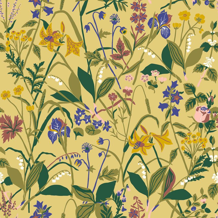 Yellow wallpaper, flowers, 1963, Icons, Borastapeter